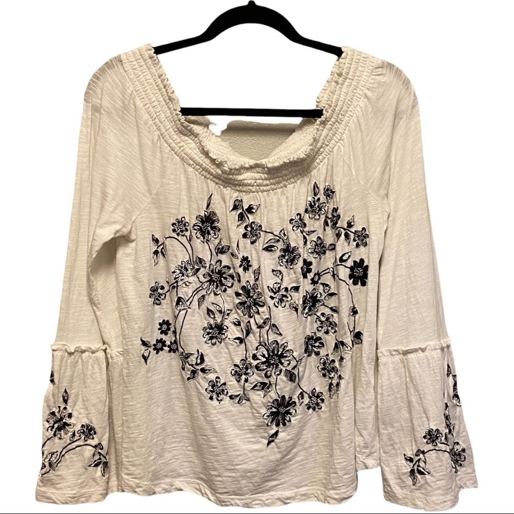 A By Anthropologie WHITE Off Shoulder Black Floral Embroidered Cottagecore Top - Picture 2 of 11